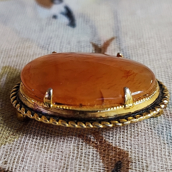 Carnelian Agate Unsigned Oval Stone Brooch Pin Prong Set Gold Tone Rope Setting - Picture 6 of 11